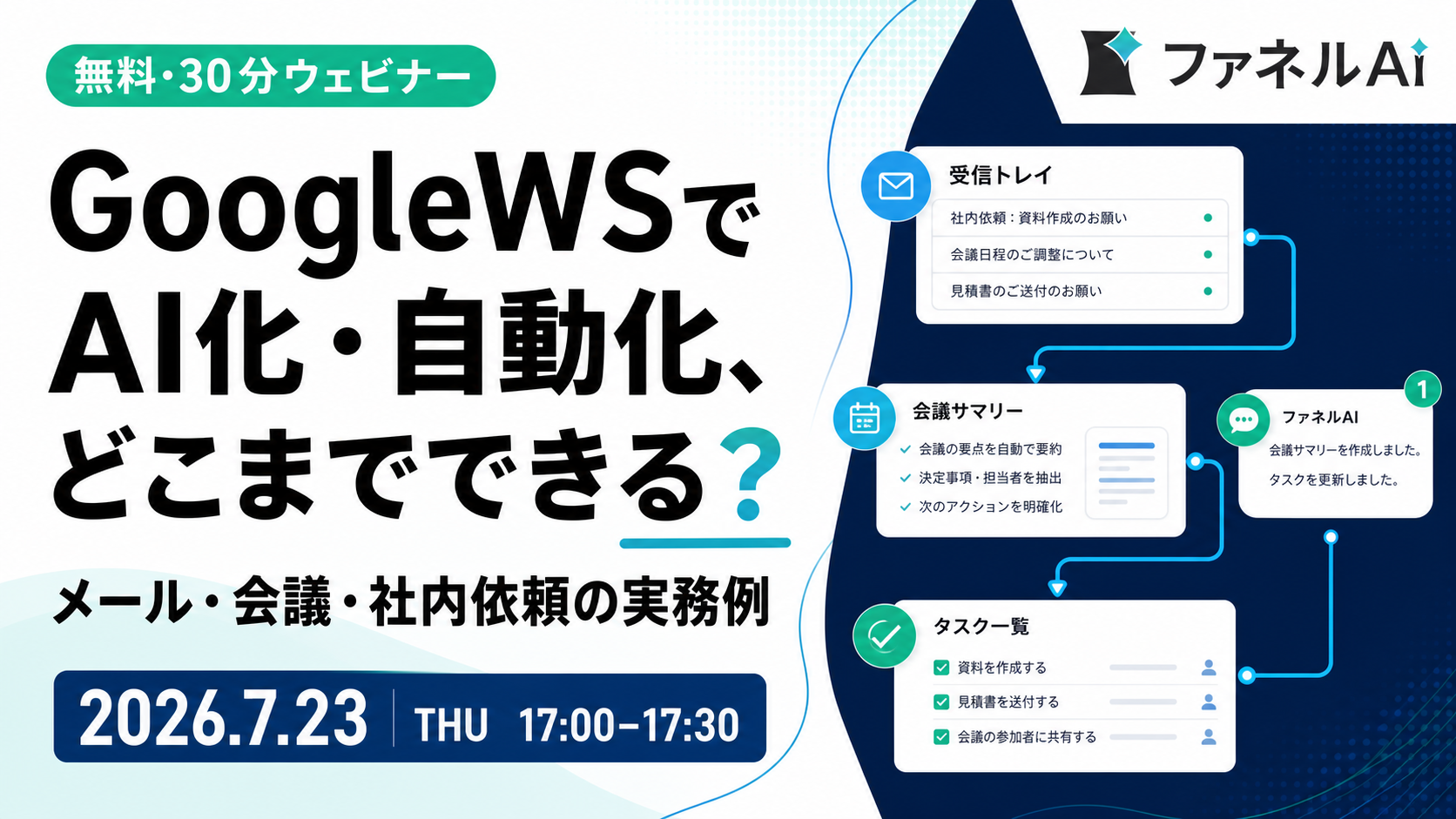 Google Workspace Studioで業務のAI化・自動化を紹介する2026年7月23日開催ウェビナーのバナー