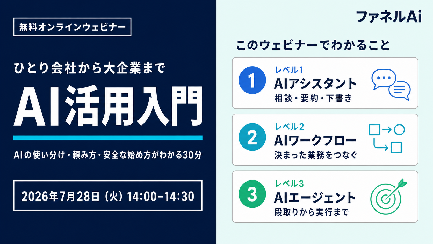 ひとり会社から大企業まで、AIの使い分け・頼み方・安全な始め方を紹介する2026年7月28日開催ウェビナーのバナー