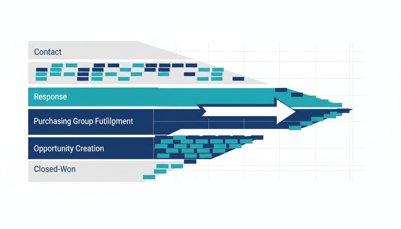 ABMのKPIを、接触、反応、購買グループ、商談化、受注の5層で整理した図