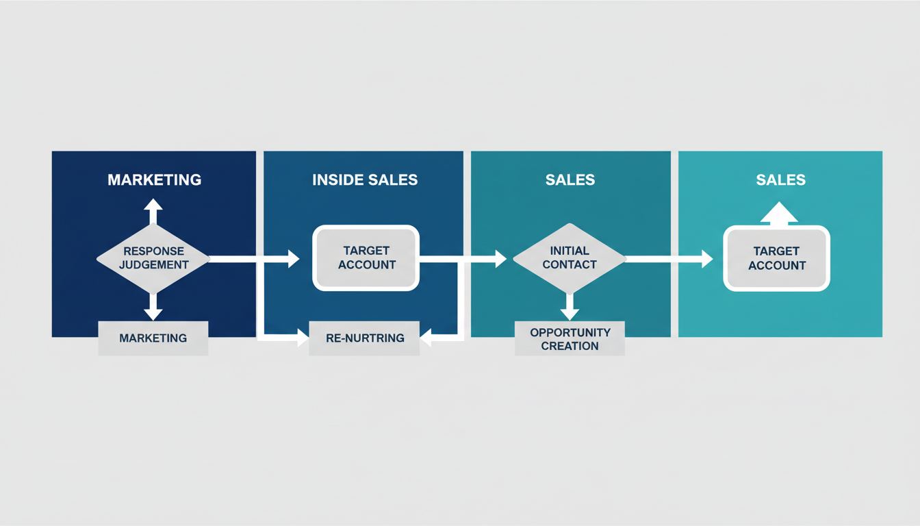 ABMにおけるマーケ、インサイドセールス、営業の受け渡しフローを整理した図