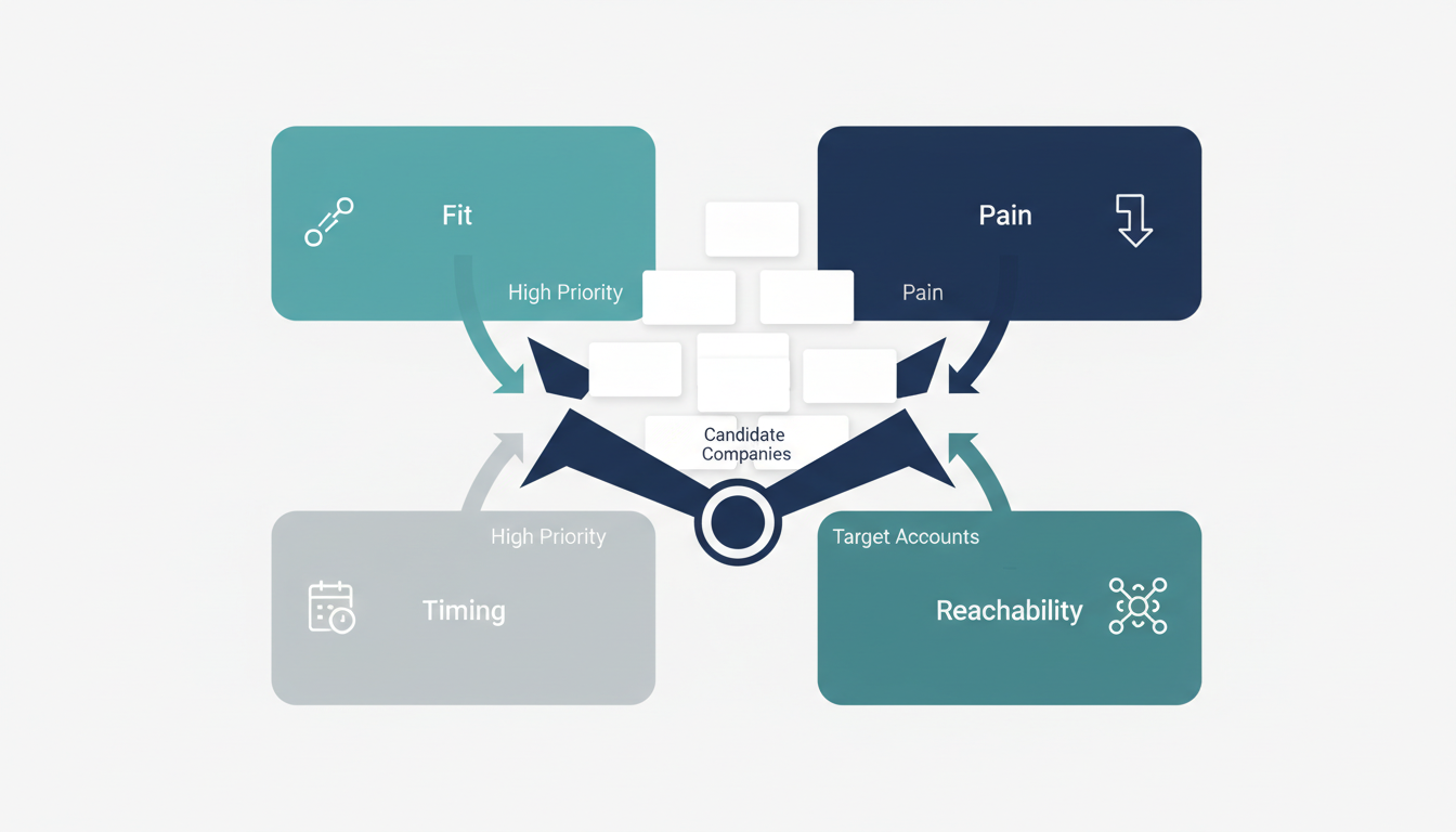 ABMのターゲットアカウント選定を、Fit・Pain・Timing・Reachabilityの4軸で整理した図