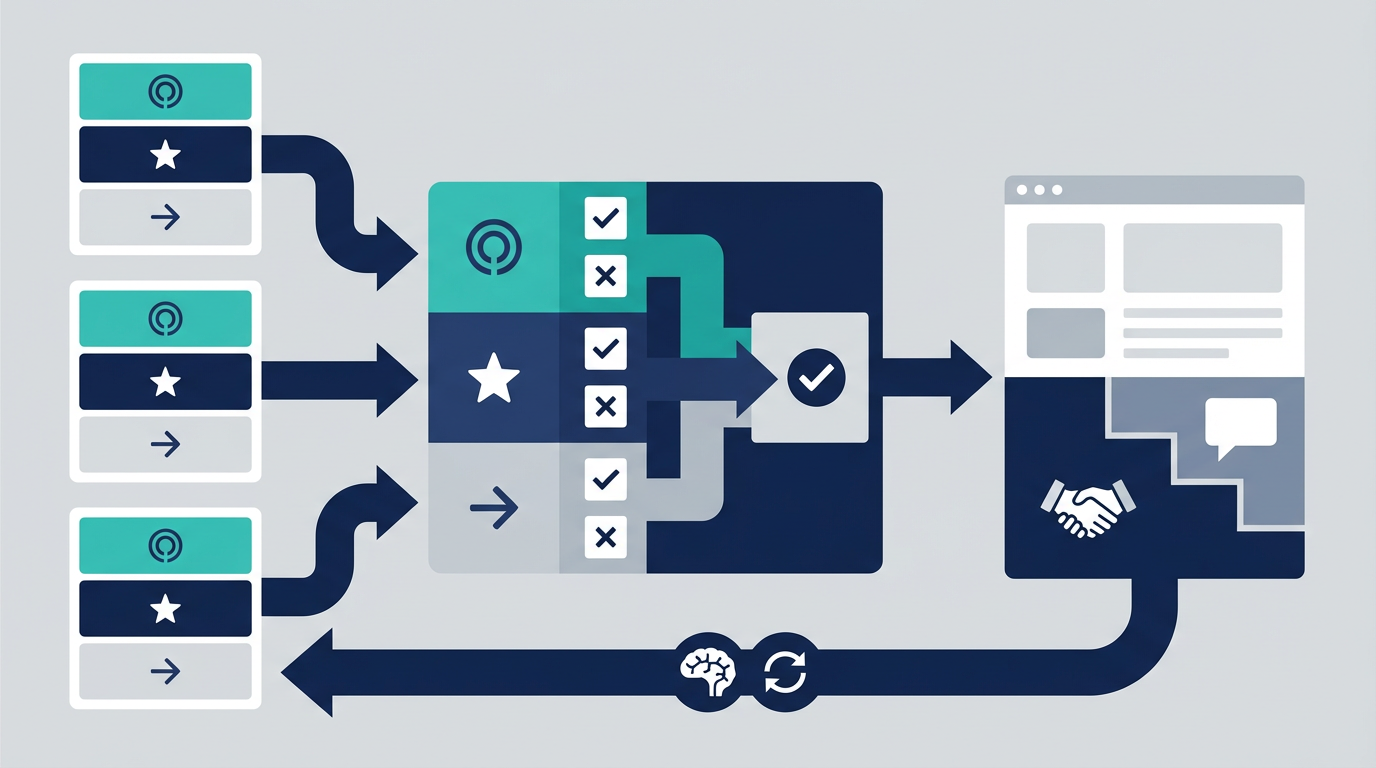 複数の広告クリエイティブを訴求軸、証拠、遷移先、商談化で比較するレビュー図