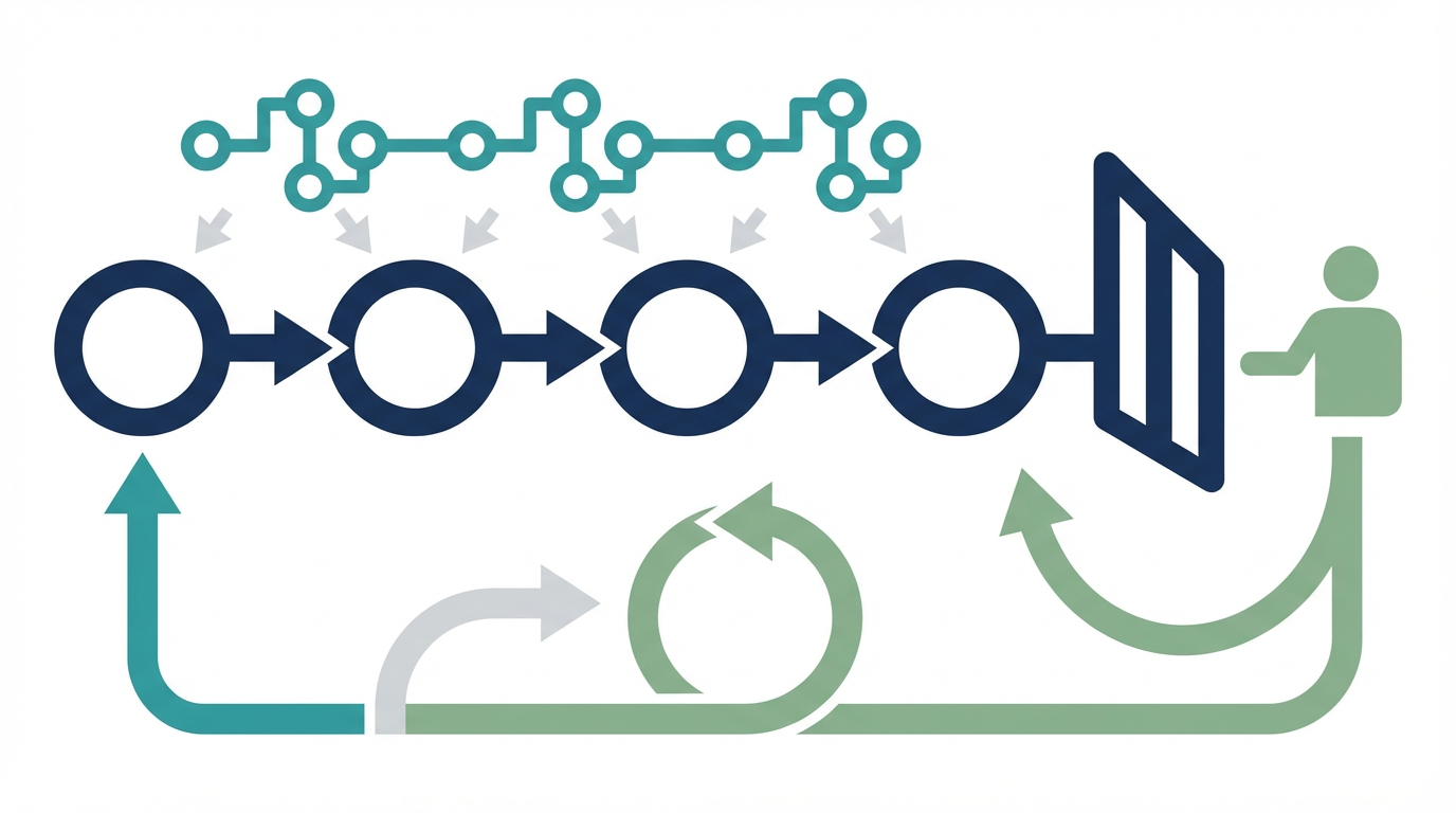 AIエージェントの自働化を、通常運転、異常検知、停止、承認再開の4段階で整理した図