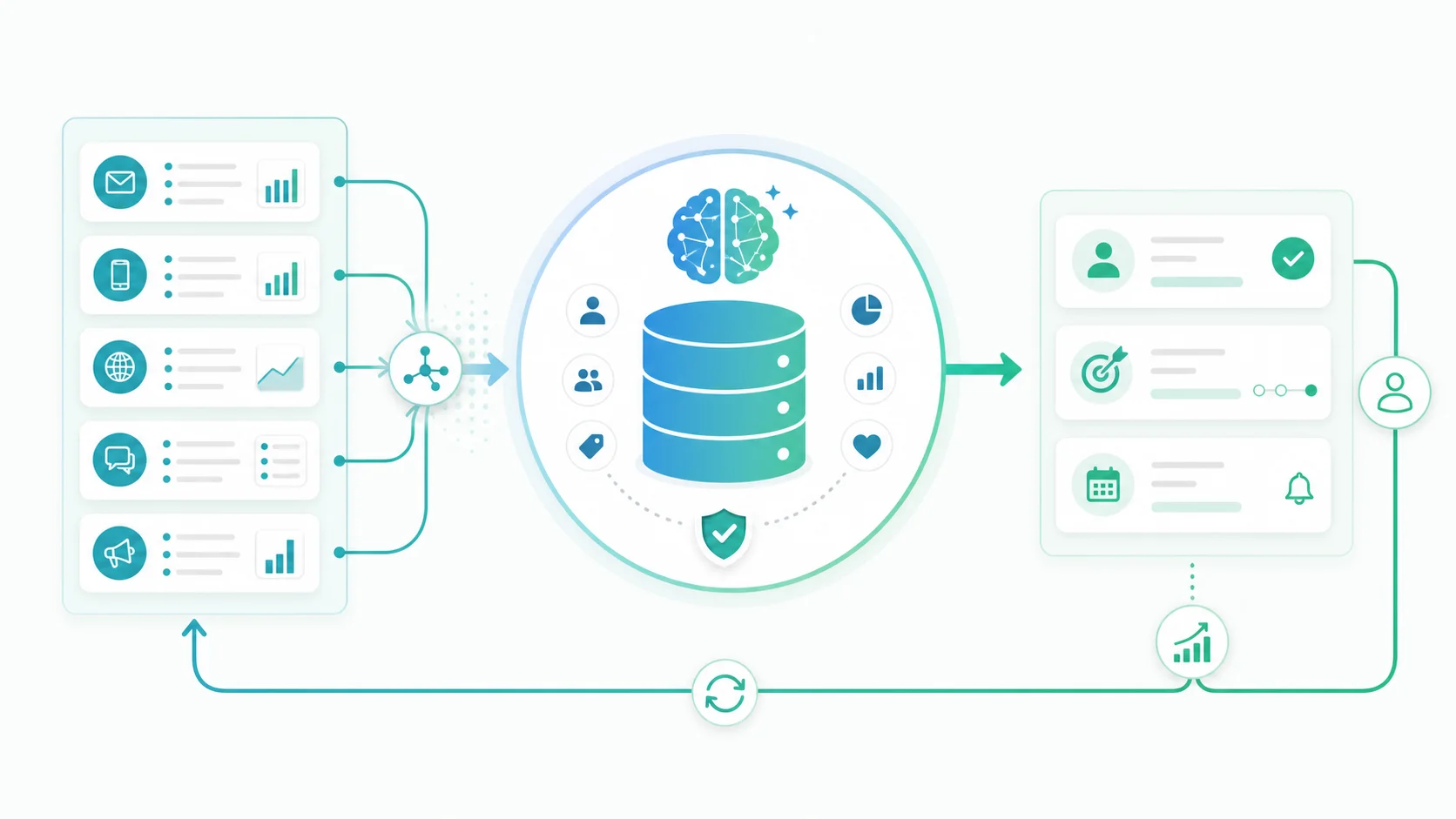AI CRMとAI MAツールを、顧客データの正本、商談化前の接点、営業の次アクションでつなぐ統合図
