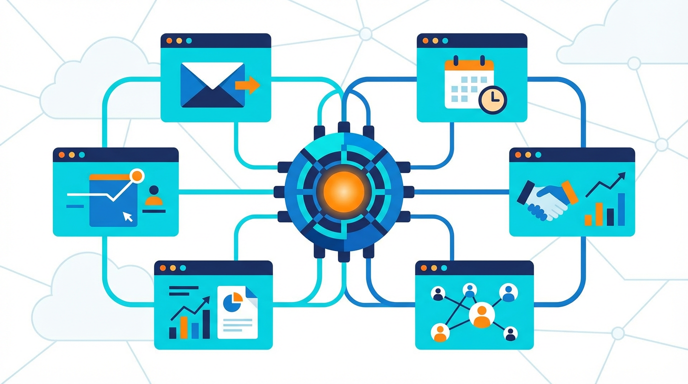 AI CRM がメール、カレンダー、案件、レポートをつないで運用基盤になる流れを表した図