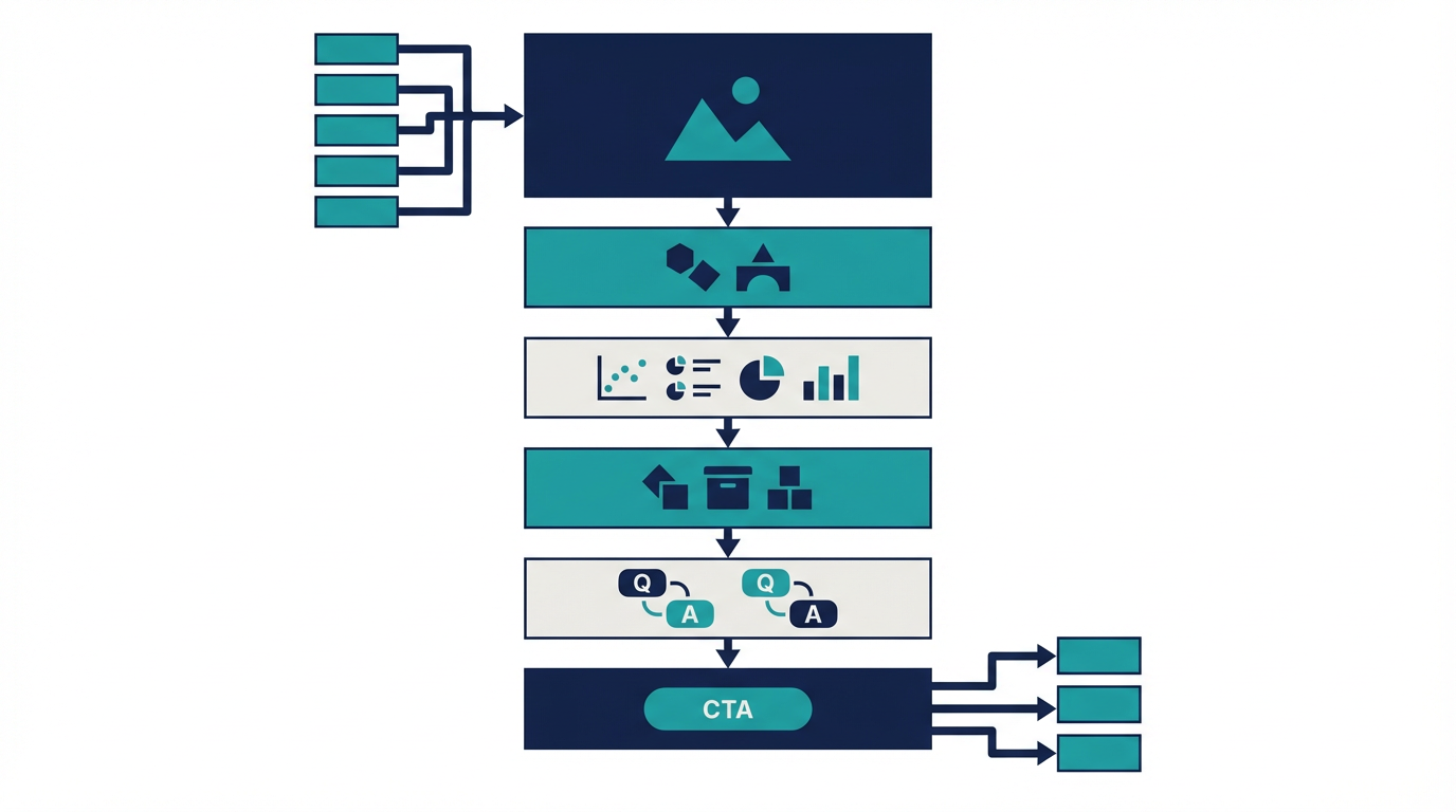 AI受託企業のサービスページを、課題、支援範囲、事例、費用感、CTAへ並べ替える図