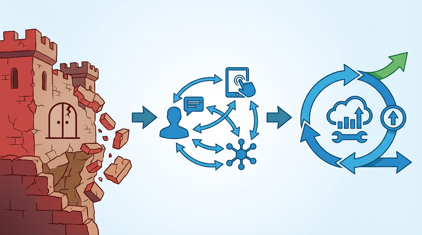 AI時代の競争優位が静的な参入障壁から顧客学習ループへ移る構造を示した図