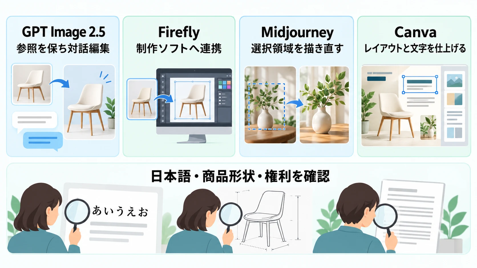 業務画像編集で、GPT Imageは参照を保つ対話修正、Fireflyは制作ソフト連携、Midjourneyは選択領域の描き直し、Canvaはレイアウトと文字編集を重視する比較図