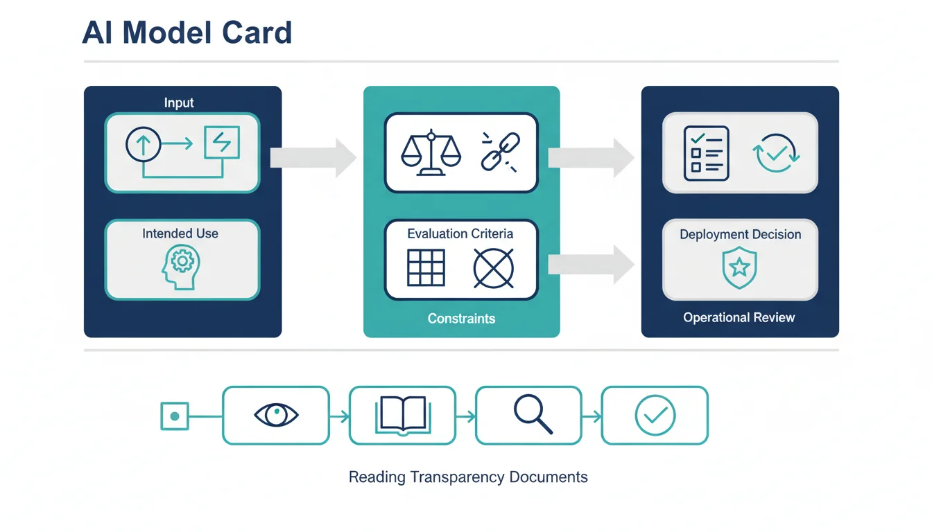 AI Model Cardで確認すべき入力、出力、想定用途、評価条件、制約、運用確認項目を整理した図