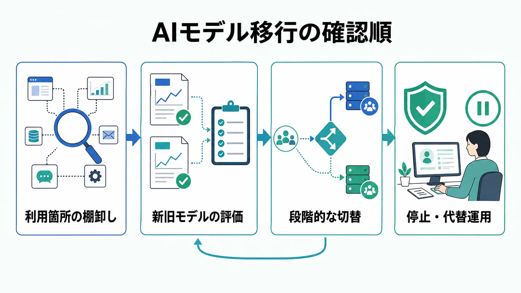 利用箇所の棚卸し、新旧モデルの評価、段階的な切替、停止・代替運用を矢印でつなぎ、切替から評価へ戻る経路を示した図