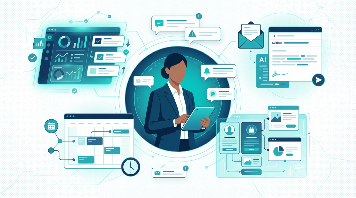 AI が営業準備、優先順位付け、フォローを支援する全体像を示す図