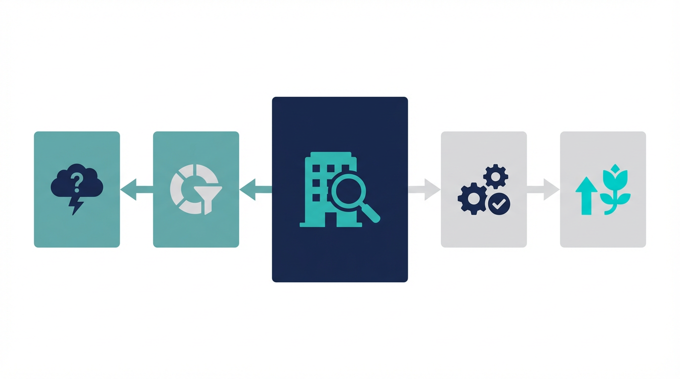 AI検索向け導入事例ページを、対象企業条件、課題、実行条件、変化の4要素で整理した図