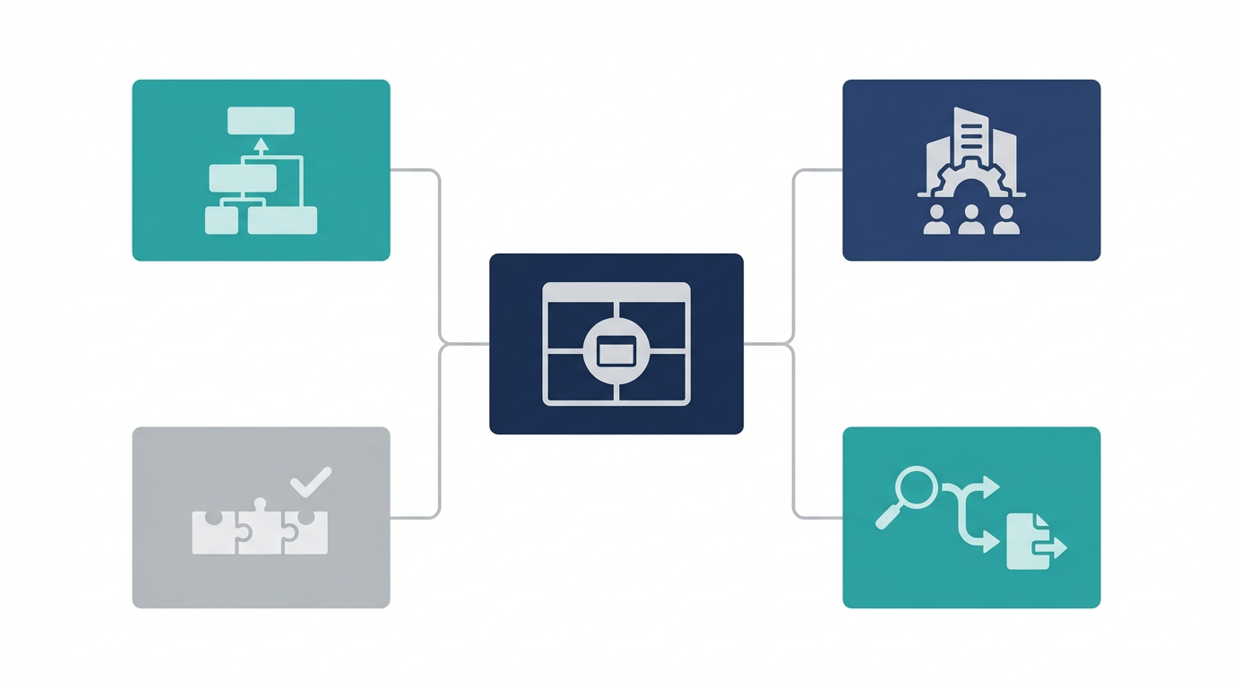 AI検索向け製品ページを、カテゴリ定義、向く会社、導入前提、証拠導線の4要素で整理した図