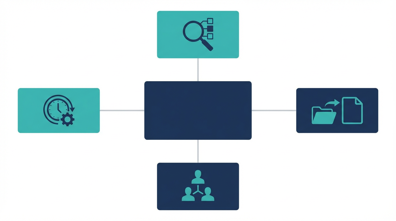 AI検索向け監修体制を、確認範囲、担当主体、更新トリガー、正本導線の4要素で整理した図