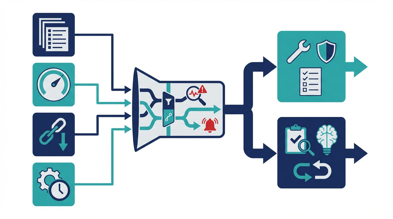 AIOpsを、監視、イベント相関、障害対応、事後レビューの流れで整理した図