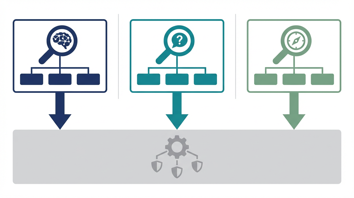 Google AI Overview、ChatGPT Search、Perplexity の3つの回答エンジンを比較した図