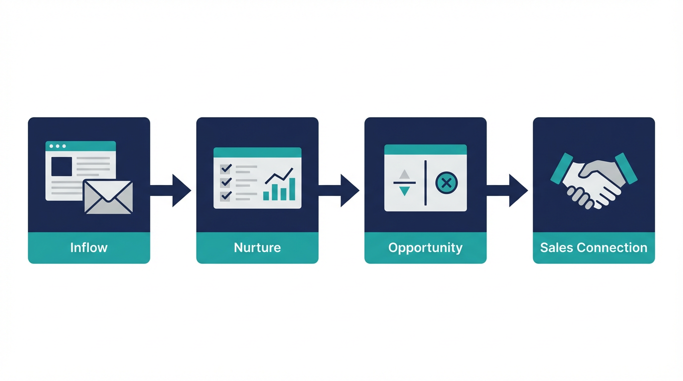 BtoBマーケティング KPIを、流入から商談化までの段階ごとに整理した図