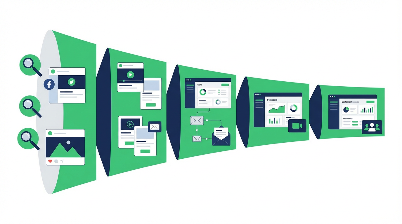 BtoB マーケティングが認知から育成、商談化へつながるファネル全体図