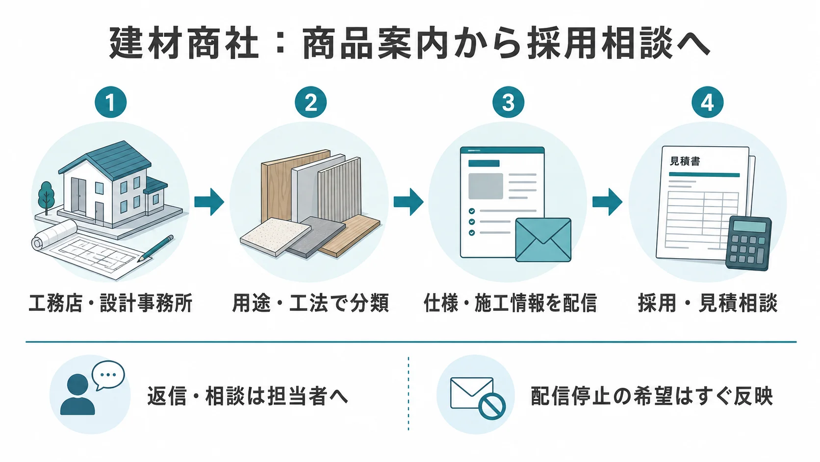 建材商社のMA活用を「工務店・設計事務所 → 用途・工法で分類 → 仕様・施工情報を配信 → 採用・見積相談」の順に整理した図