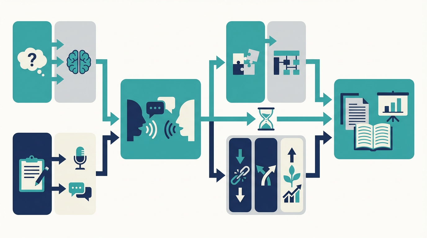 導入事例インタビューを仮説設計、質問、対話、事実整理、成果証拠へ流す図