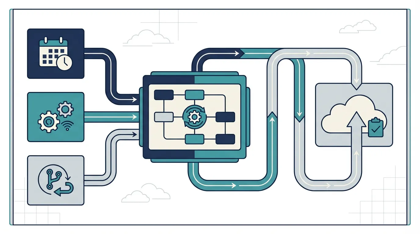 schedule、API、GitHubの3triggerが中央のroutineハブへ流れ、cloud上で自動実行される構成図