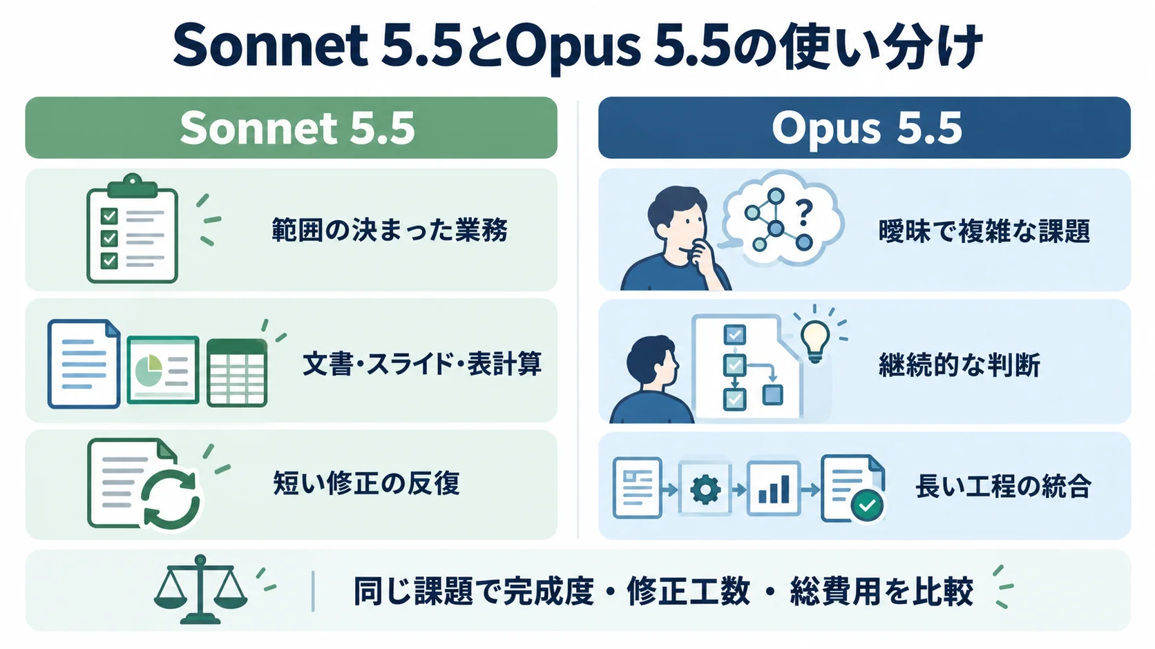Sonnet 5.5の範囲が決まった業務や文書・スライド・表計算と、Opus 5.5の複雑な判断・長い工程を比較した図