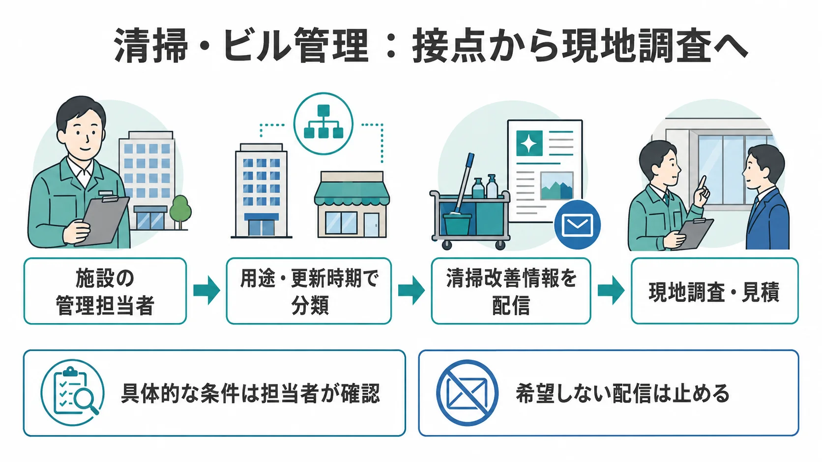 清掃・ビルメンテナンスのMA活用を「施設の管理担当者 → 用途・更新時期で分類 → 清掃改善情報を配信 → 現地調査・見積」の順に整理した図