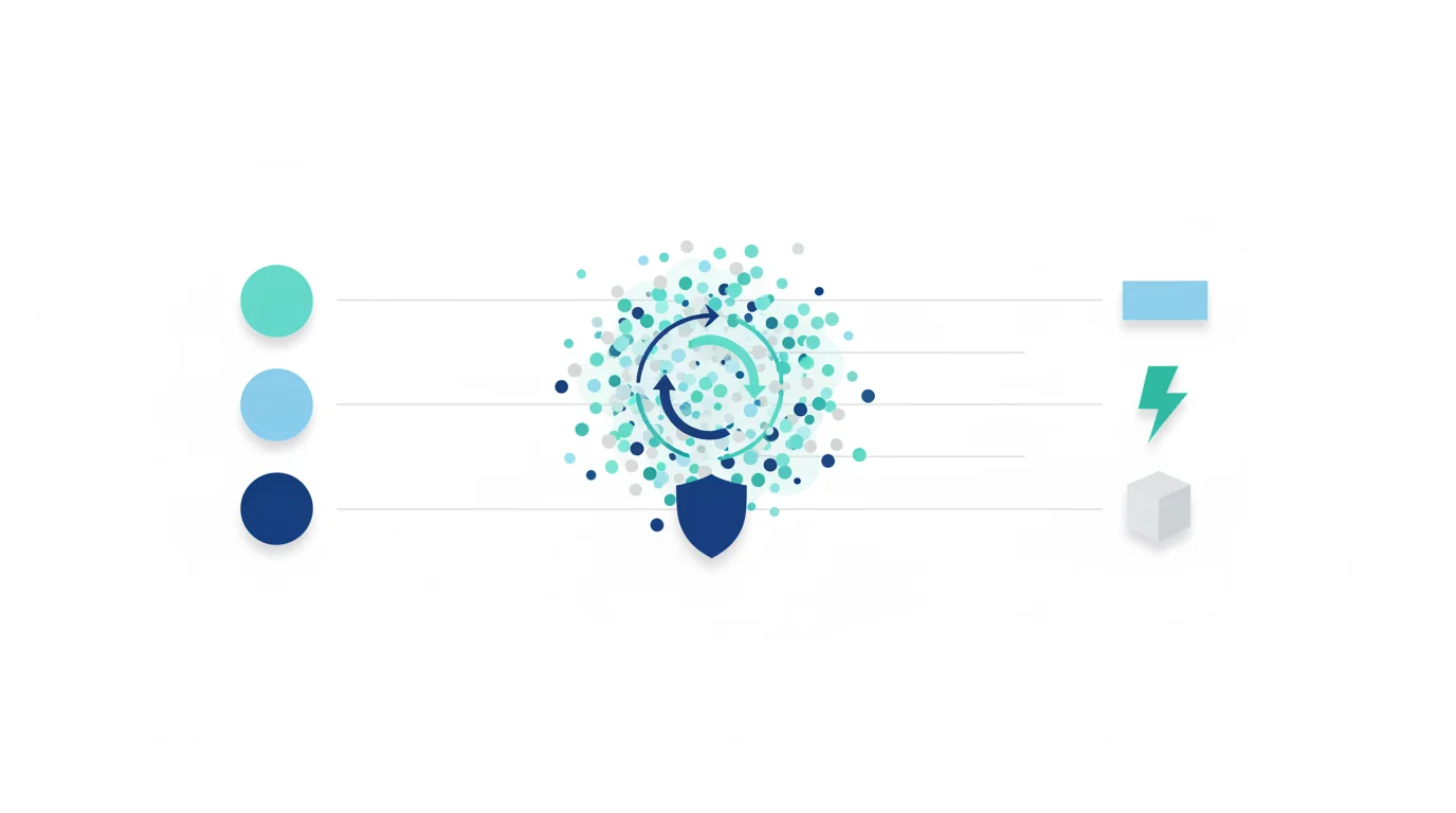3つの入力から分散ノード、循環矢印、盾を持つCloudflare層を通り、処理・データ基盤へ分岐する構成図
