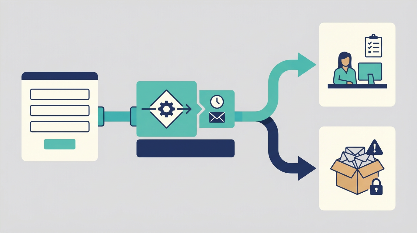 問い合わせフォームで正規問い合わせと営業送信を分岐し、隔離と担当対応へ振り分ける運用図