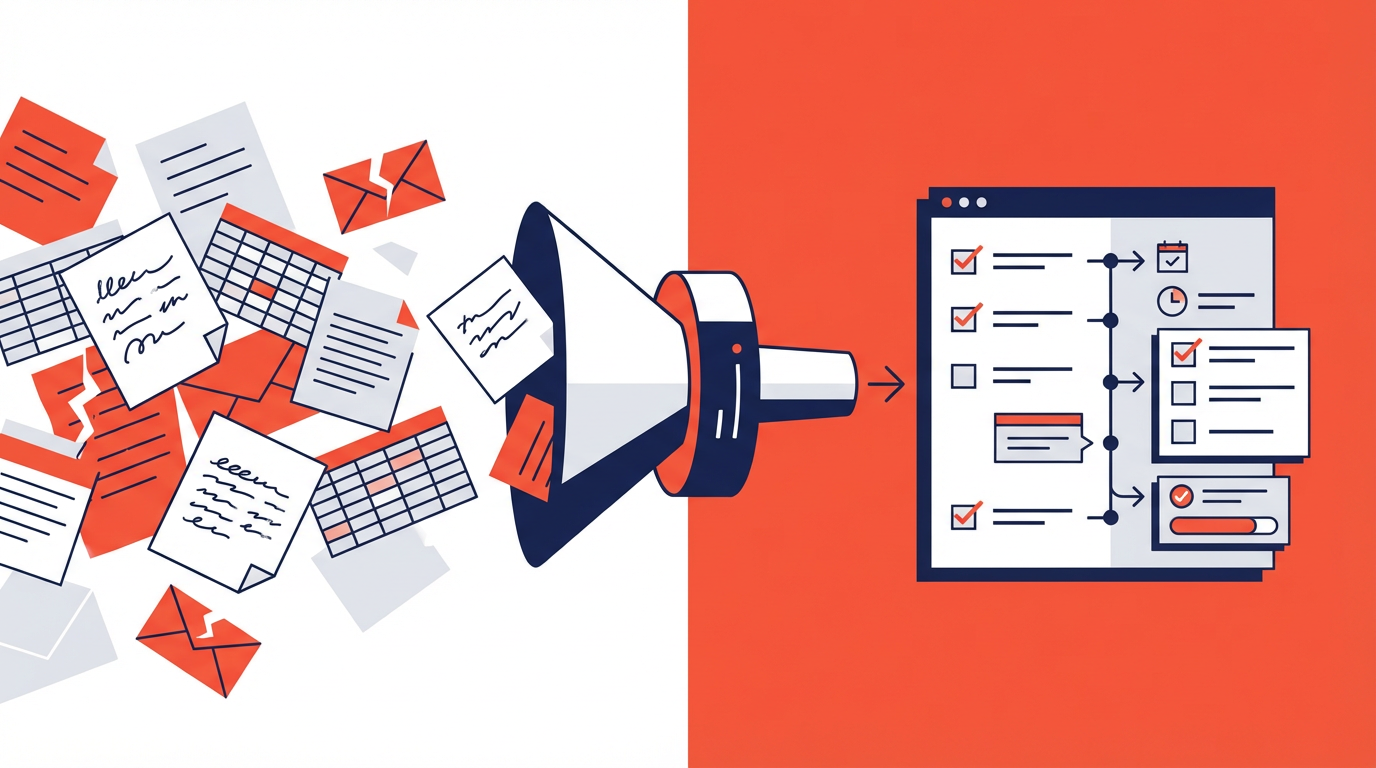 散らばったメモや顧客情報が整理された活動履歴へ変わる図