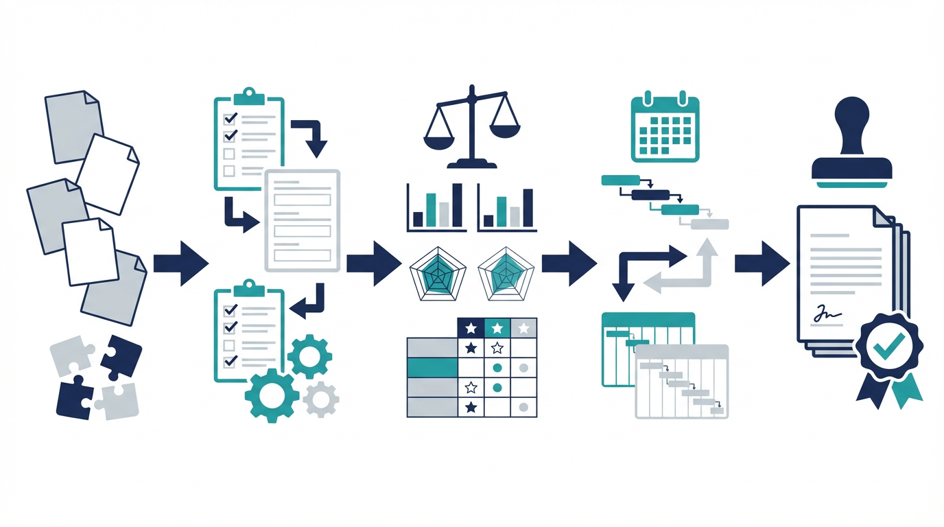 CRM RFPを、現状課題、必須要件、比較採点、移行計画、稟議の流れで整理した図