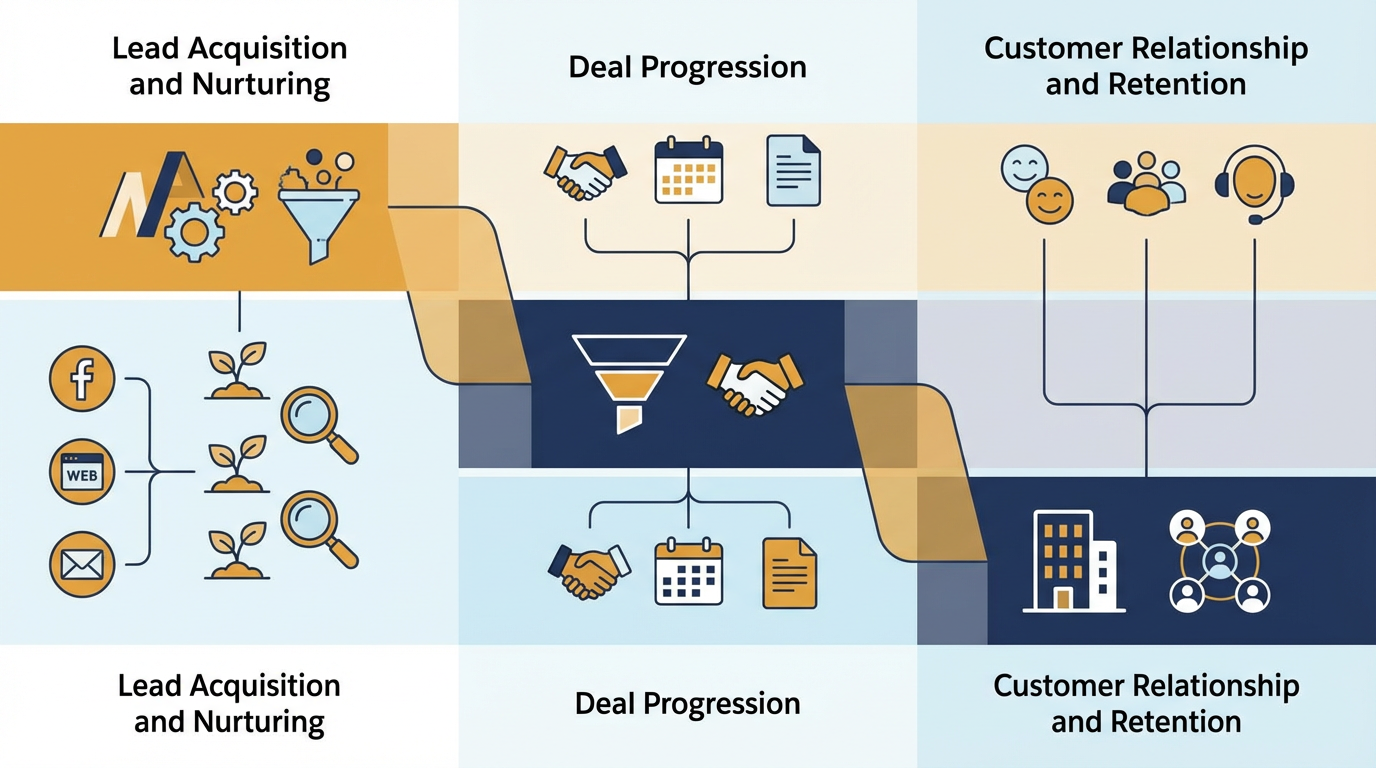 CRM、SFA、MA が顧客接点から商談、継続関係まで役割分担する構造図