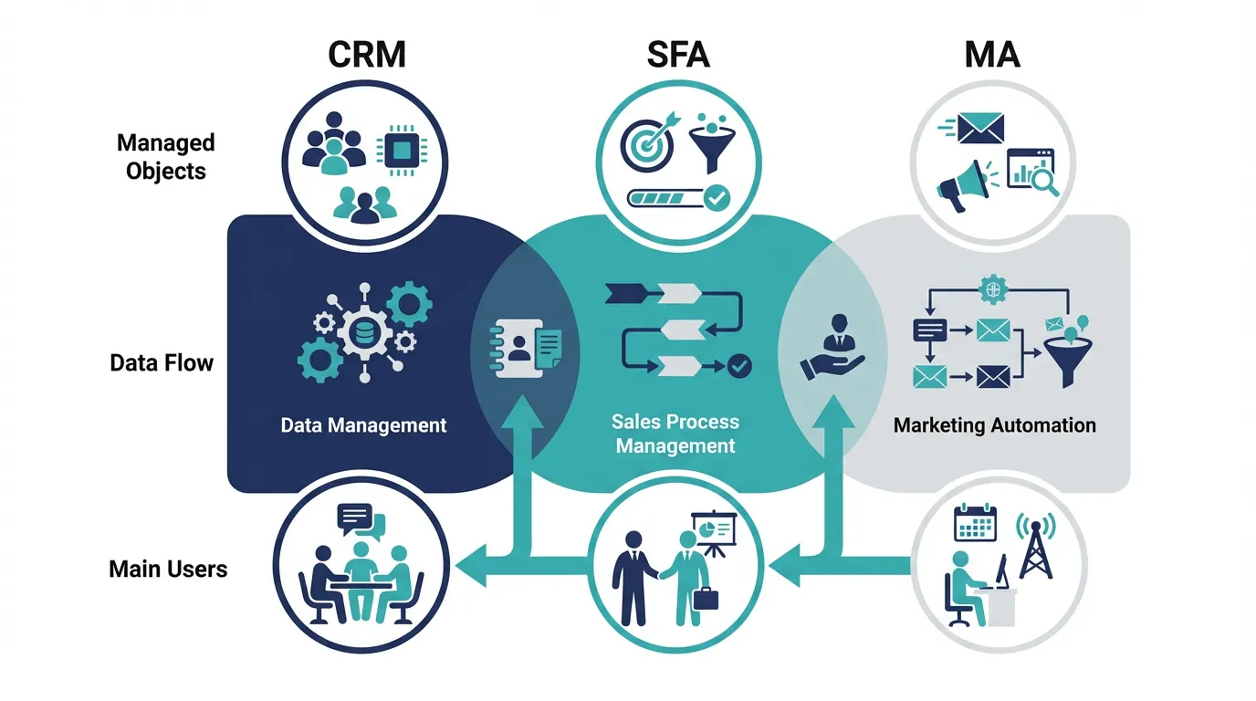 CRM、SFA、MA が顧客接点から商談、継続関係まで役割分担する構造図