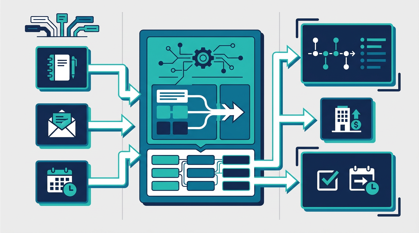 CRM更新AIが商談メモや活動情報を活動履歴と次アクションへ整理する流れを示した図