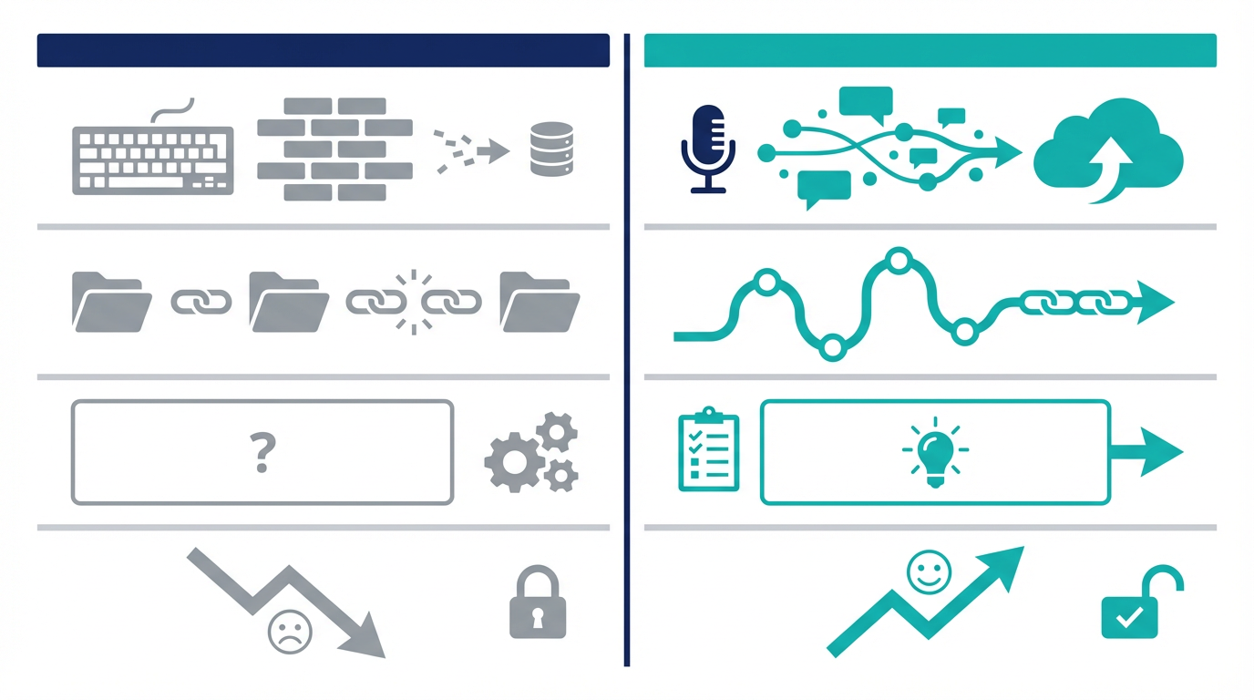 従来CRMとAI CRMを、入力、文脈、次アクション、管理視点で比較した図