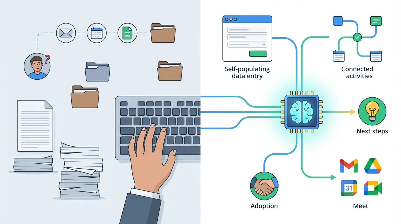 従来CRMとAI CRMを入力、文脈、次アクション、管理視点の4軸で並べて比較した構造の図