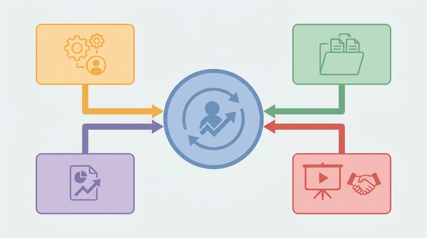 CRM、共有ドライブ、提案管理、デジタルセールスルームの役割を比較する図