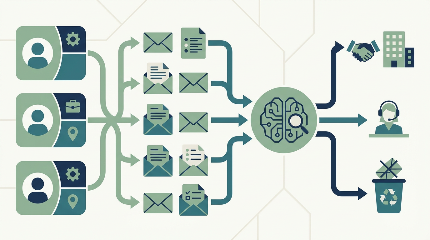 メールナーチャリングを配信対象、文面、反応判定、営業連携で整理した図
