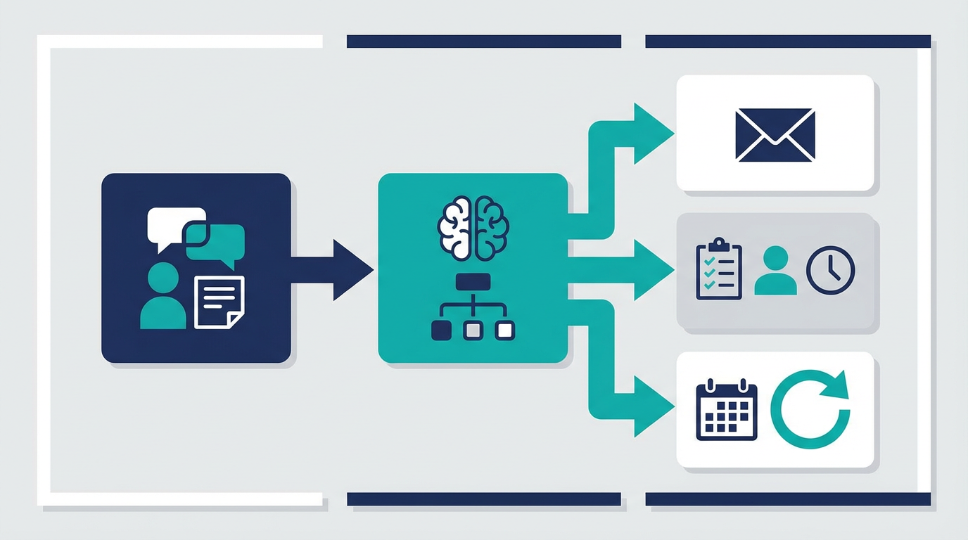 商談後フォローAIが要点整理からお礼メールと次アクション設定まで支える流れを示した図