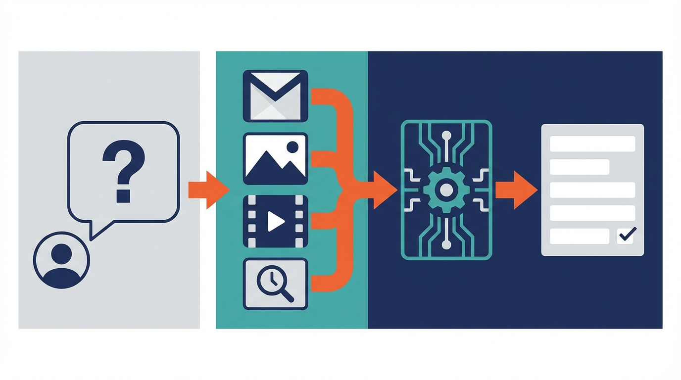 Gemini が Gmail、Google フォト、YouTube、Google 検索から必要な情報を取得し、推論して回答を返す流れを整理した図