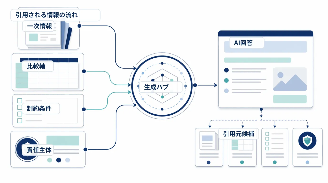 GEOで一次情報、比較軸、制約条件、責任主体が生成ハブを通じてAI回答と引用元候補につながる図