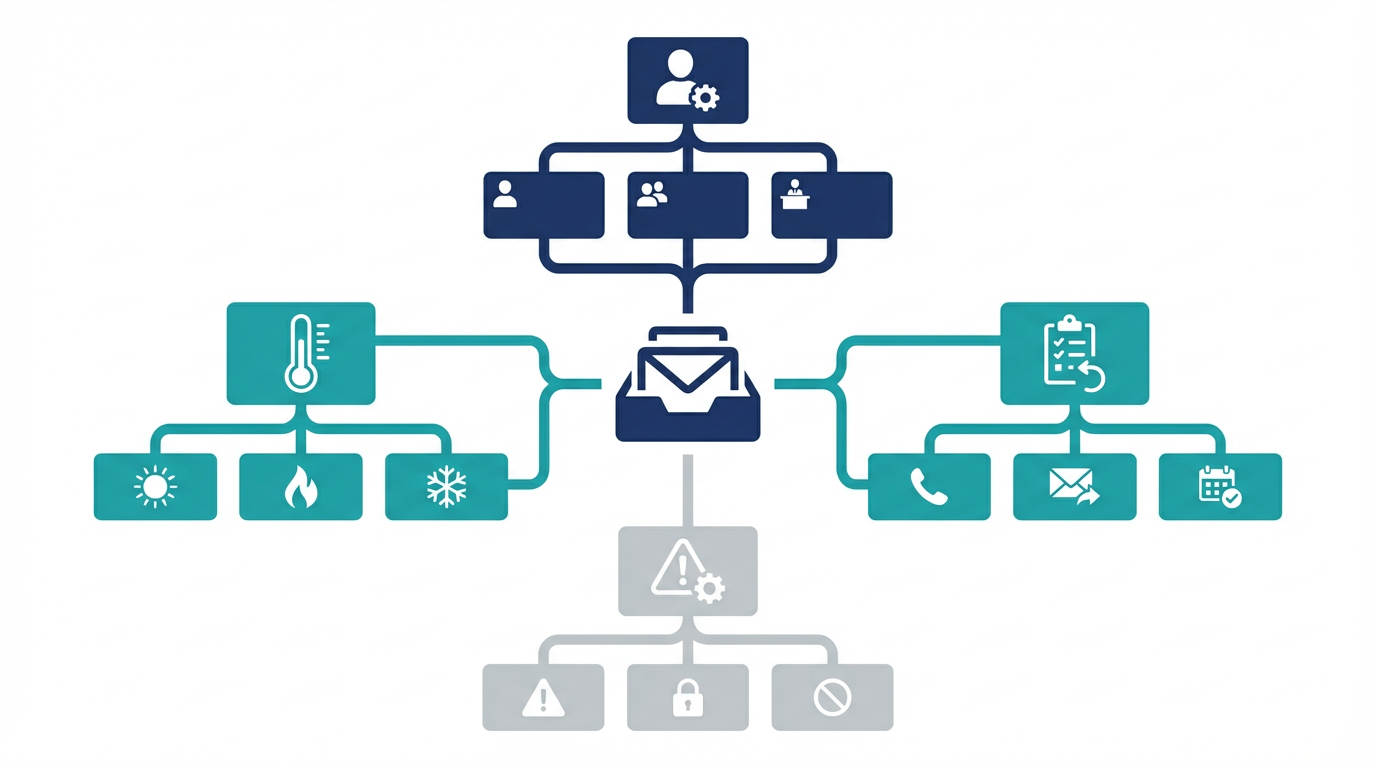 Gmail顧客管理のラベル設計を、担当、温度感、次アクション、例外管理の4軸で整理した図