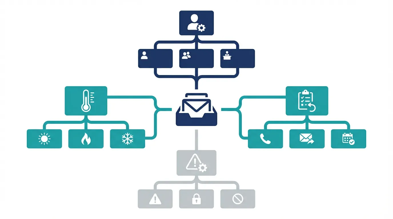 Gmail顧客管理のラベル設計を、担当、温度感、次アクション、例外管理の4軸で整理した図