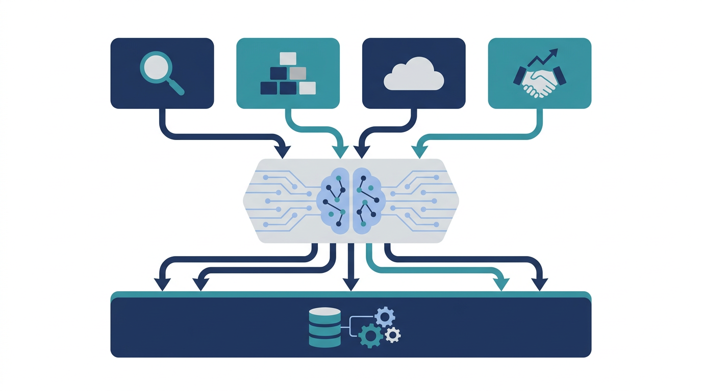 Google AIの注目理由を、検索、Workspace、Cloud、営業CRMの4領域で整理した図