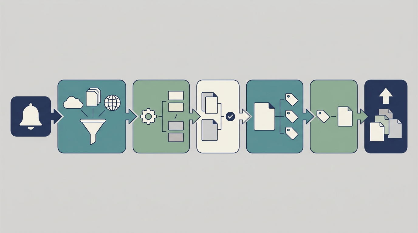 GoogleアラートのニュースクリッピングをAIで分類し、キーワード候補と記事候補へ変換する流れを整理した図