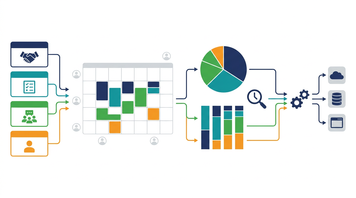Google Calendar の色分け運用を、予定タイプ、共有範囲、Time Insights、API 活用の4層で整理した図