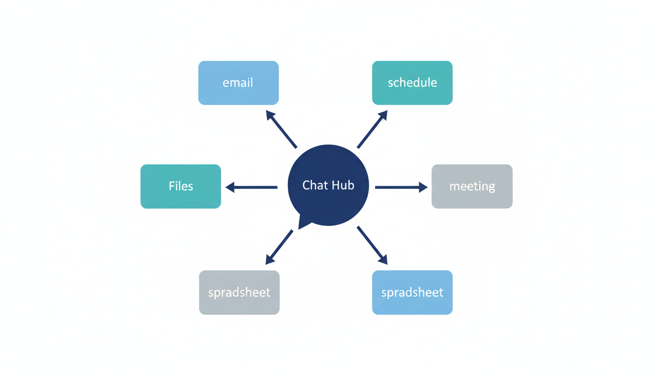 Google Chatを中心にGmail、Calendar、Drive、Meet、Sheetsの業務フローがつながる図