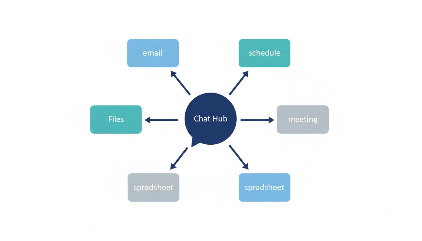 Google Chatを中心にGmail、Calendar、Drive、Meet、Sheetsの業務フローがつながる図