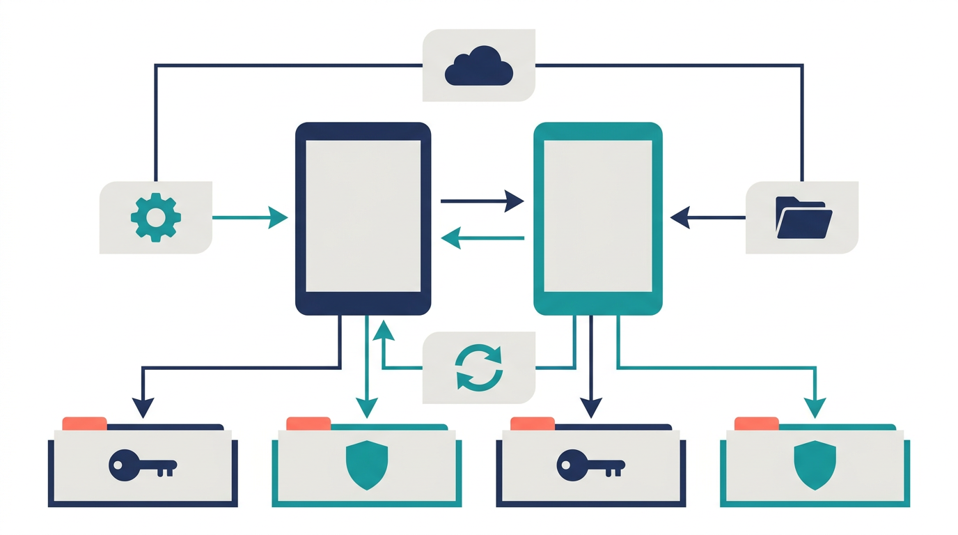 Google Endpoint ManagementのiOS設定を、アプリ、端末機能、データ共有、バックアップの4カテゴリで整理した図
