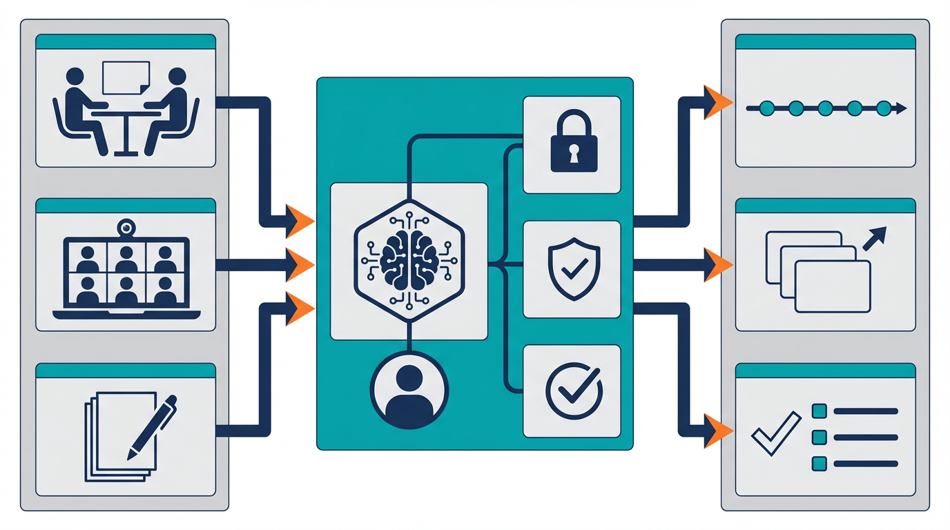 Google Meetの対面議事録AIからSFA/CRM更新候補へつなぐ流れを整理した図